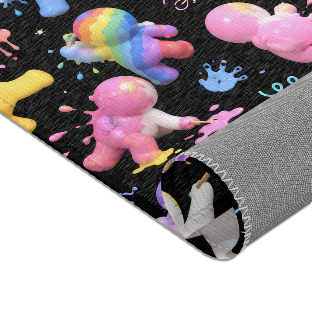Cute Rainbow Paint Doodle Area Rug — Colorful Chibi Characters on Black