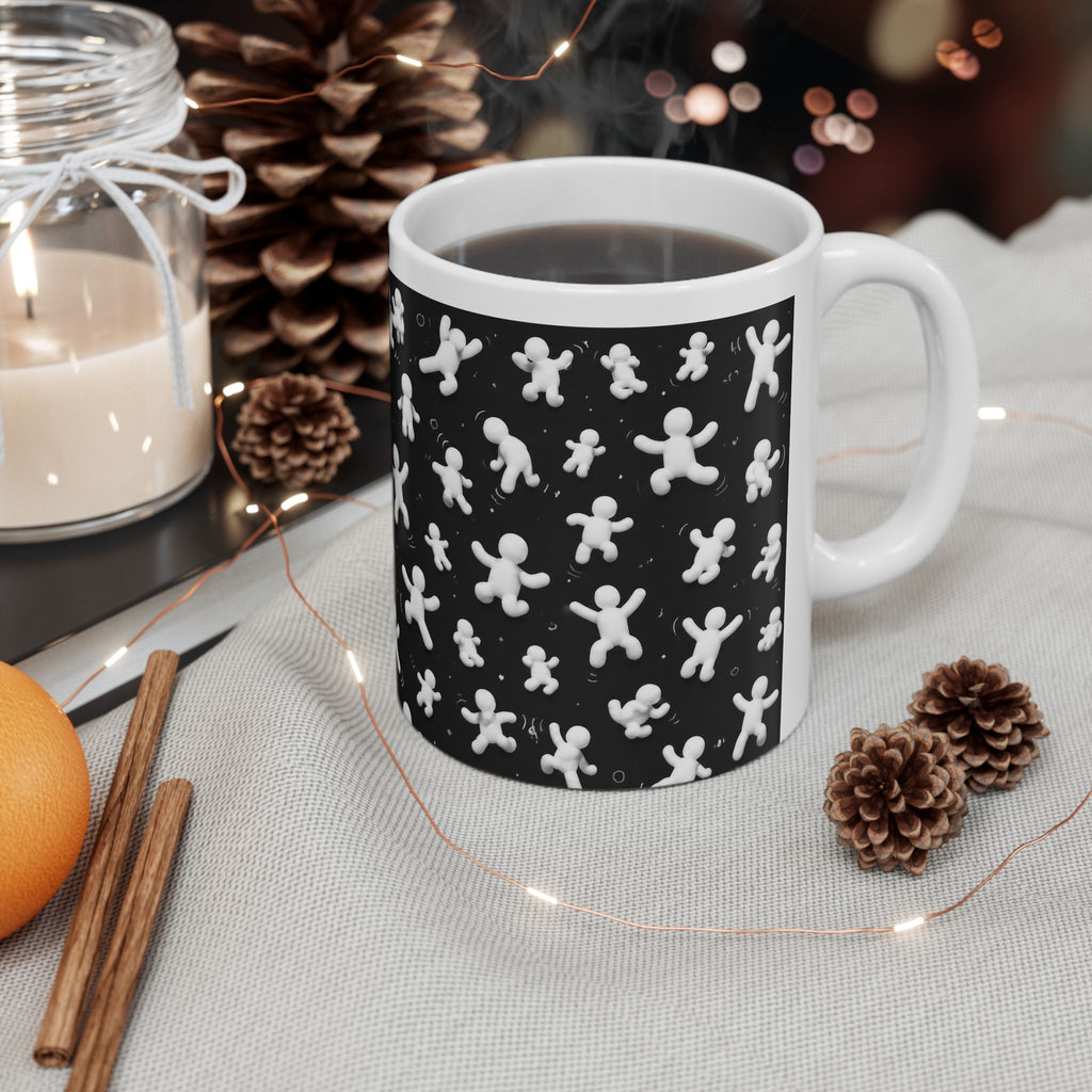 Gingerbread People Pattern Ceramic Mug (11oz/15oz) — Cute Black & White Holiday Coffee Cup