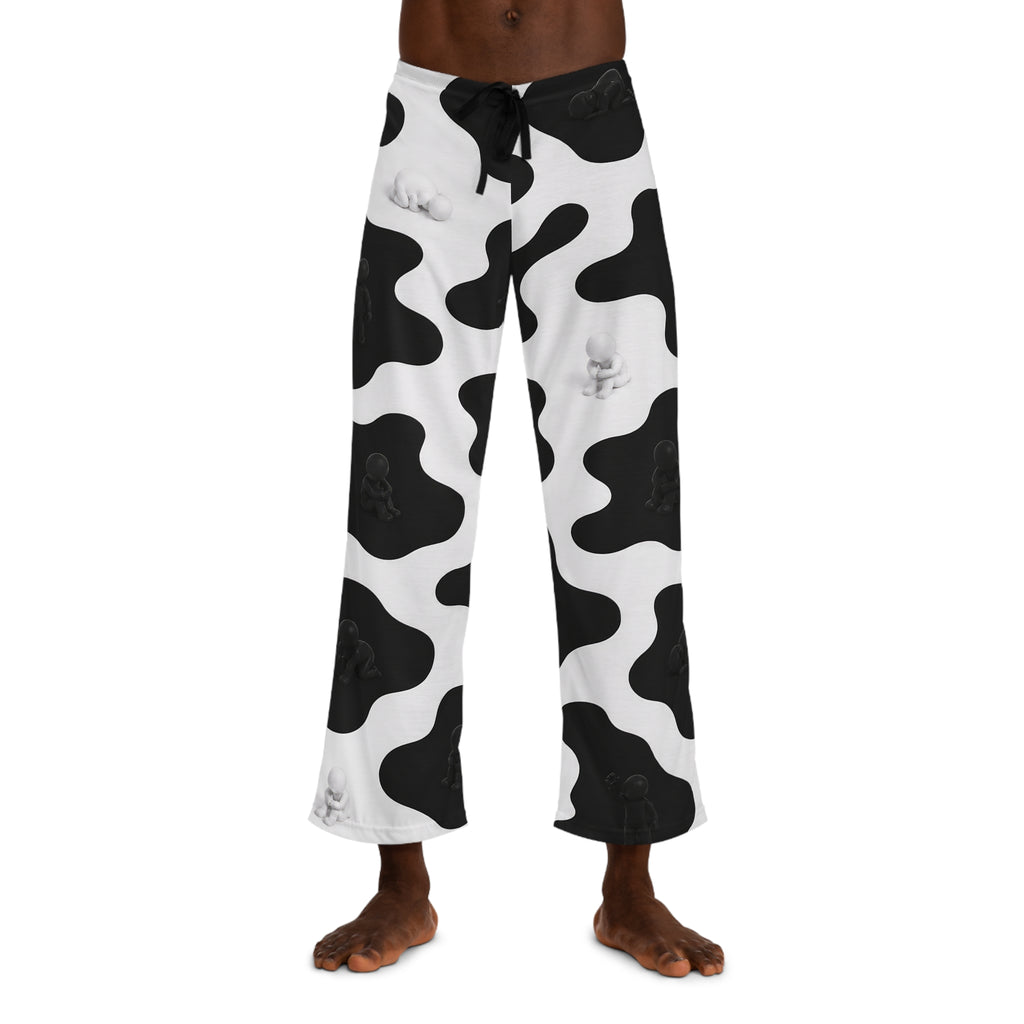 Cow Print Lounge Pajama Pants for Men — Black & White Relaxed Sleepwear