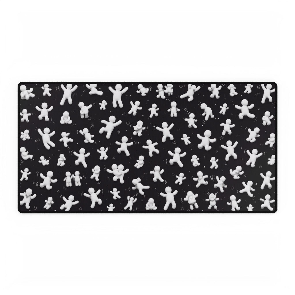 Black Desk Mat with Playful White Figurine Pattern — Large Gaming/Office Mousepad
