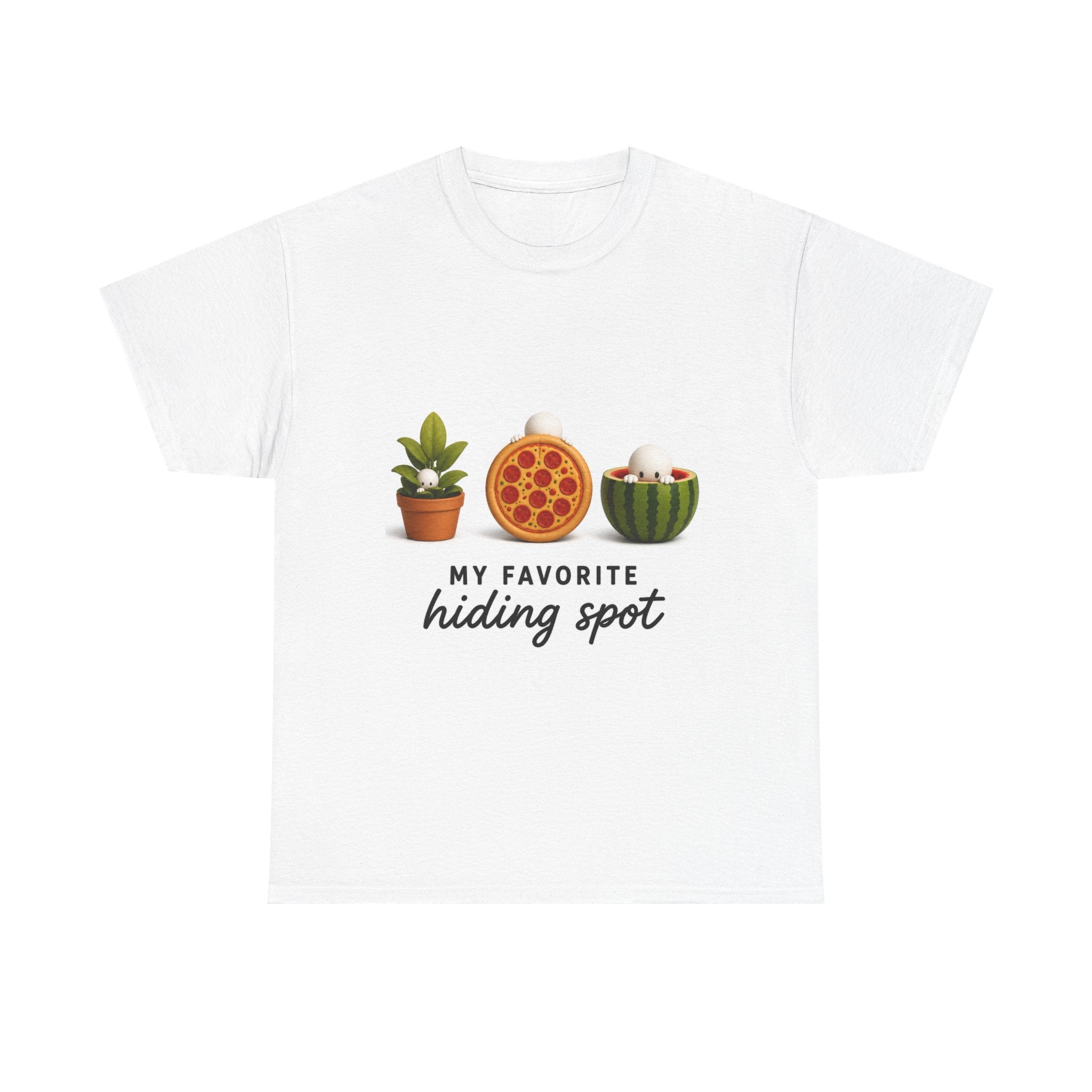 T-Shirt — “My Favorite Hiding Spot” Cute Pizza, Plants & Cat Graphic Tee