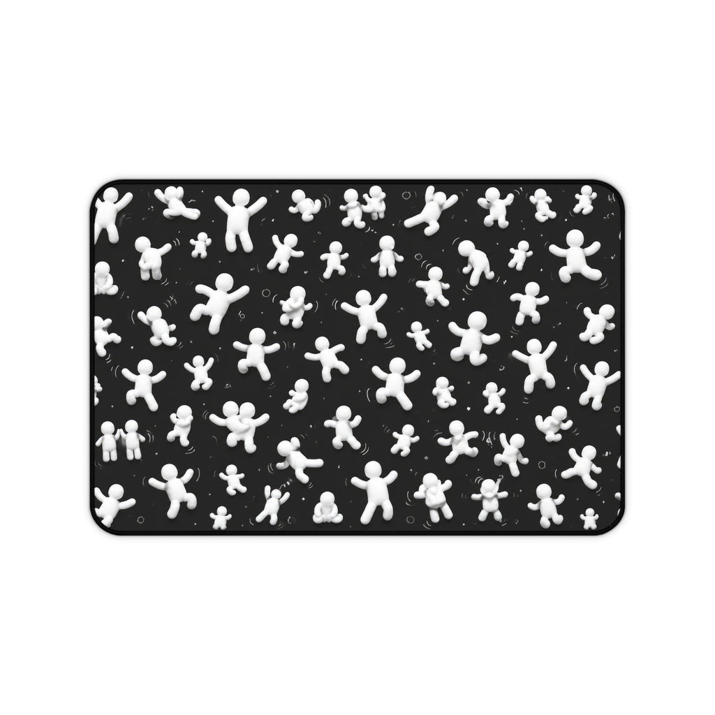 Desk Mat — Playful White Figurine Pattern on Black