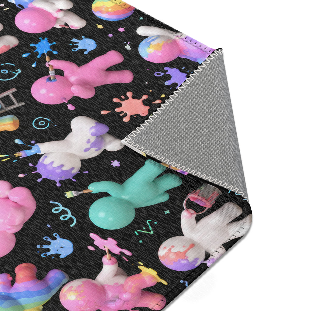 Cute Rainbow Paint Doodle Area Rug — Colorful Chibi Characters on Black