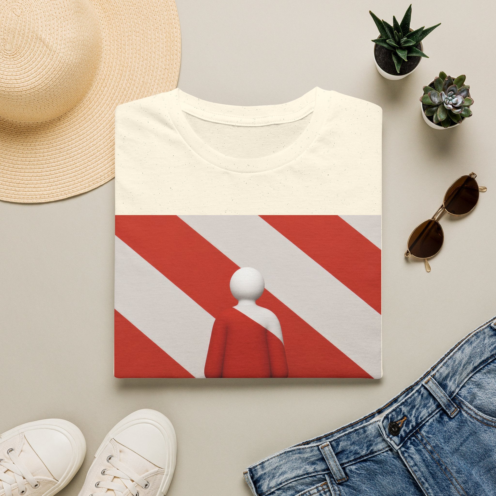 Minimalist Red Stripes T‑Shirt — Abstract Figure Graphic Tee