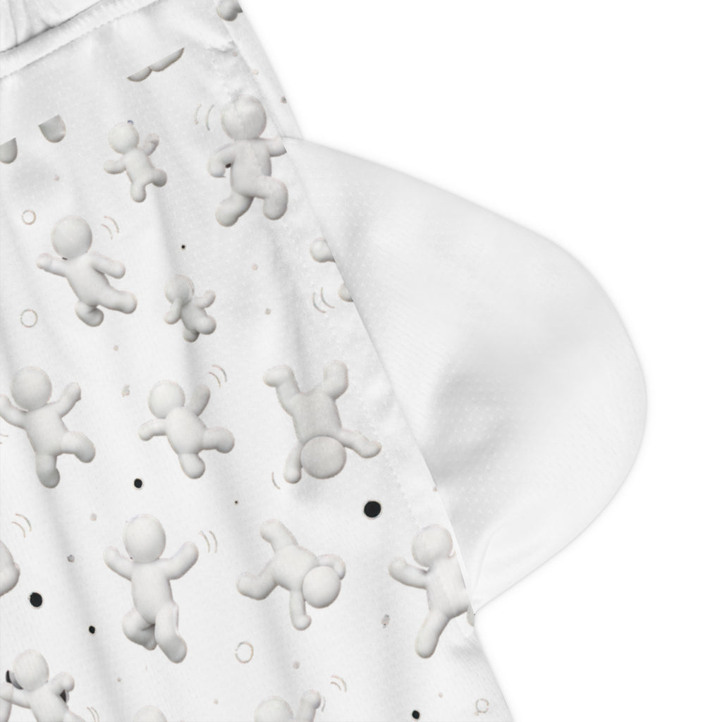 White Basketball Shorts with 3D Tiny Character Print — Athletic Ribbed Gym Shorts