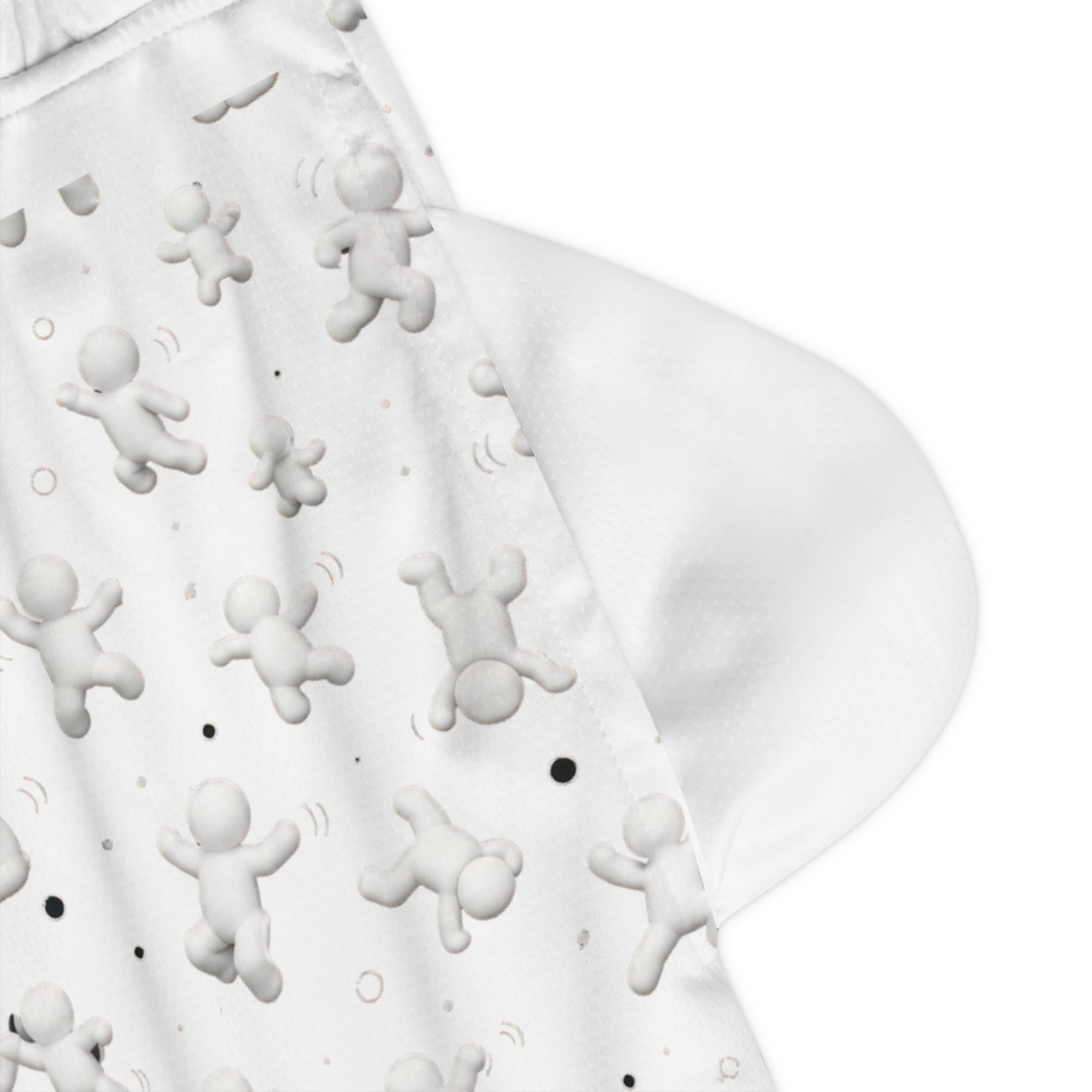 White Basketball Shorts with 3D Tiny Character Print — Athletic Ribbed Gym Shorts