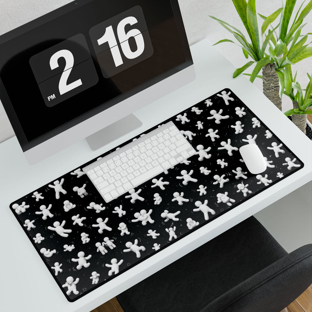 Black Desk Mat with Playful White Figurine Pattern — Large Gaming/Office Mousepad