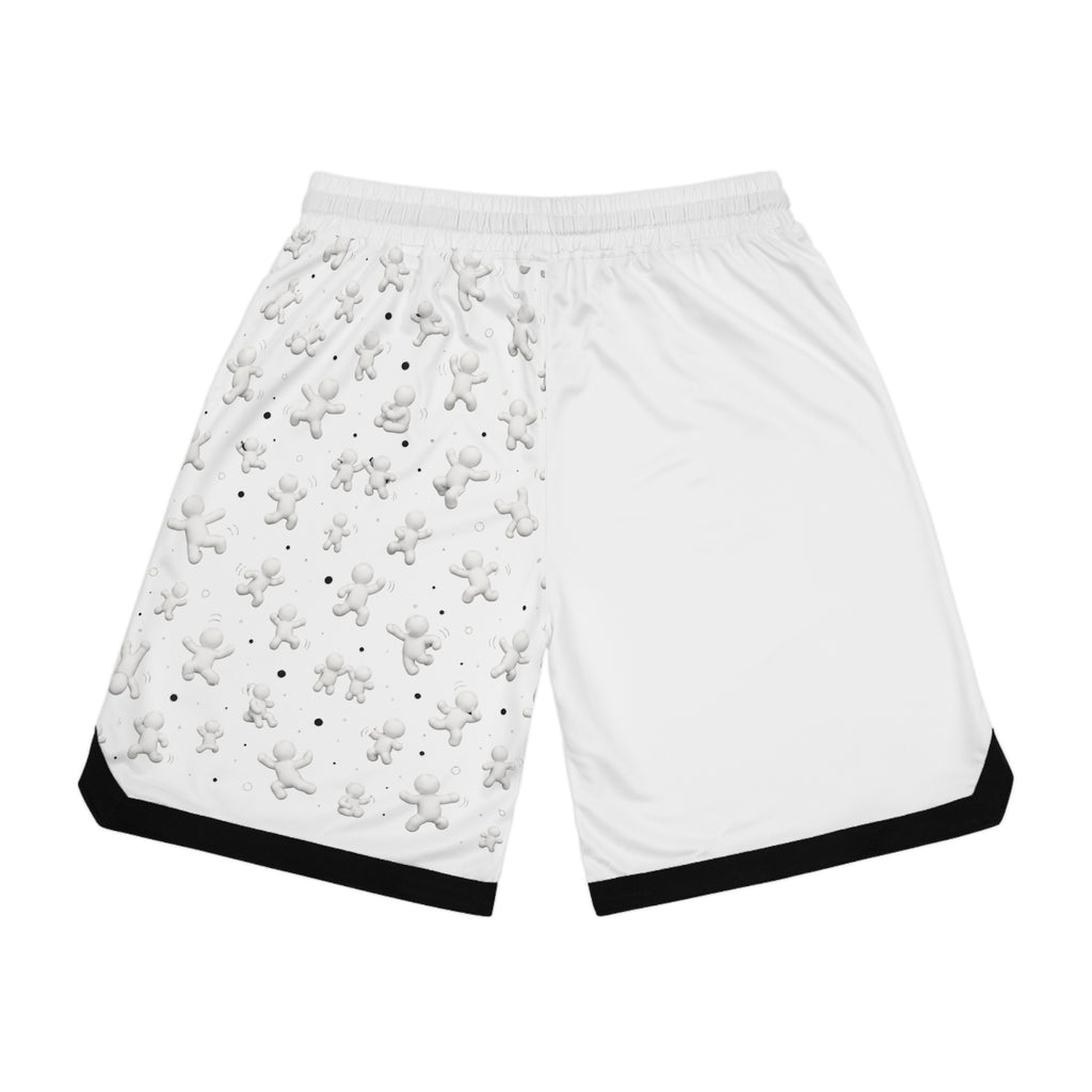 White Basketball Shorts with 3D Tiny Character Print — Athletic Ribbed Gym Shorts