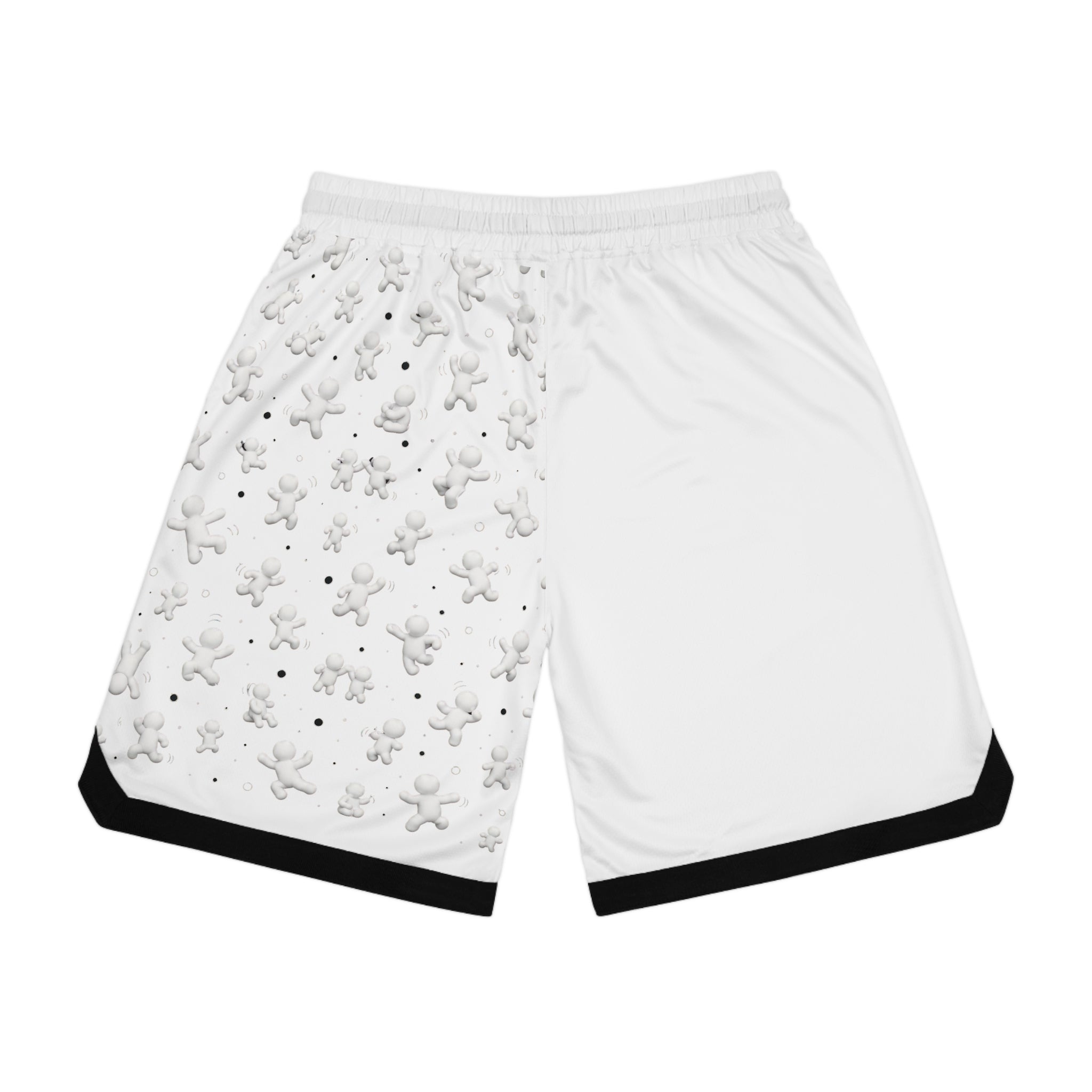 White Basketball Shorts with 3D Tiny Character Print — Athletic Ribbed Gym Shorts