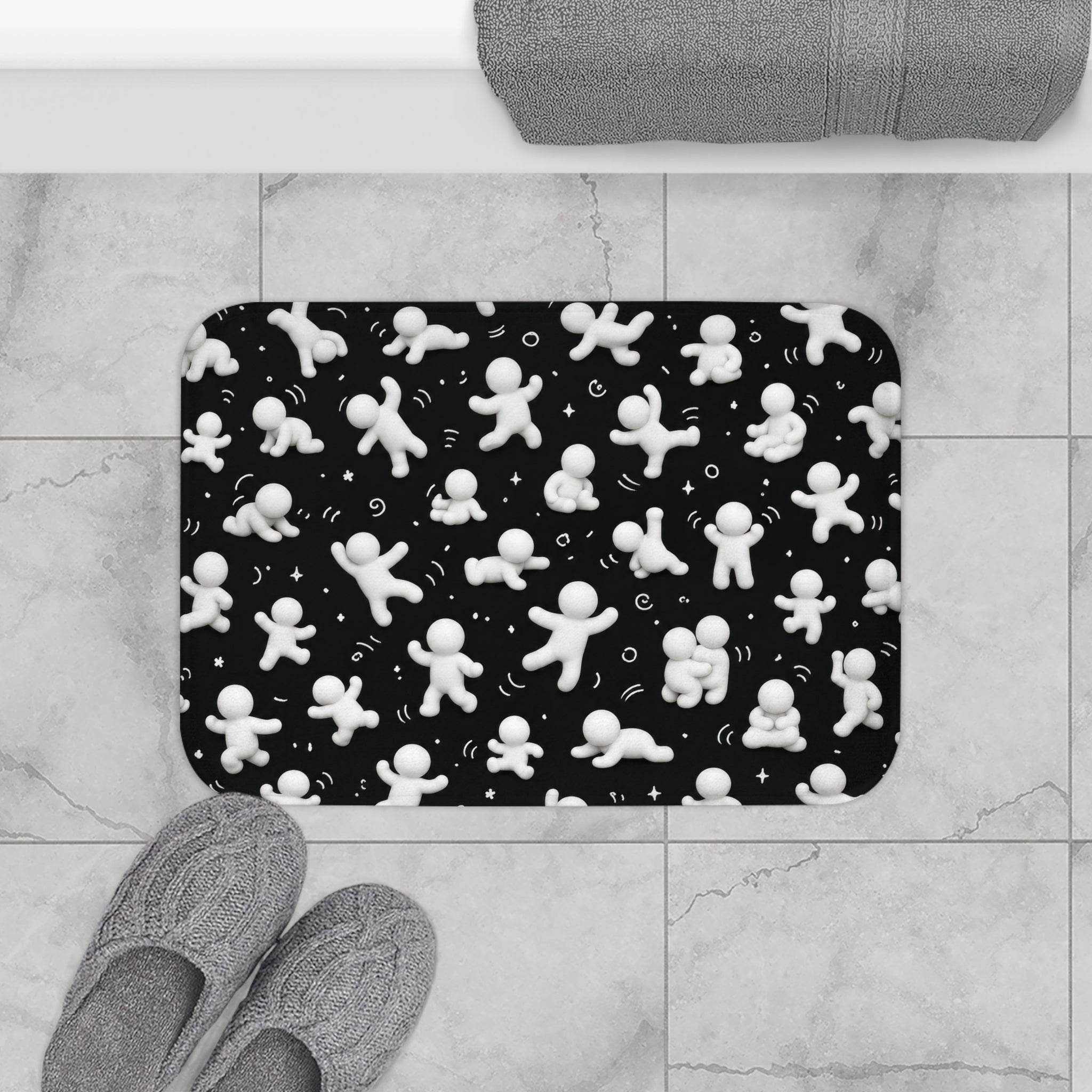Black Astronaut Figures Bath Mat — Space Pattern Memory Foam Bath Rug