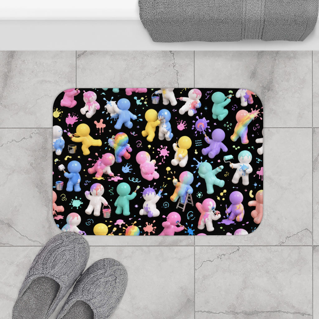 Colorful Paint-Splatter Astronaut Bath Mat – Cute Rainbow Space Crew Design