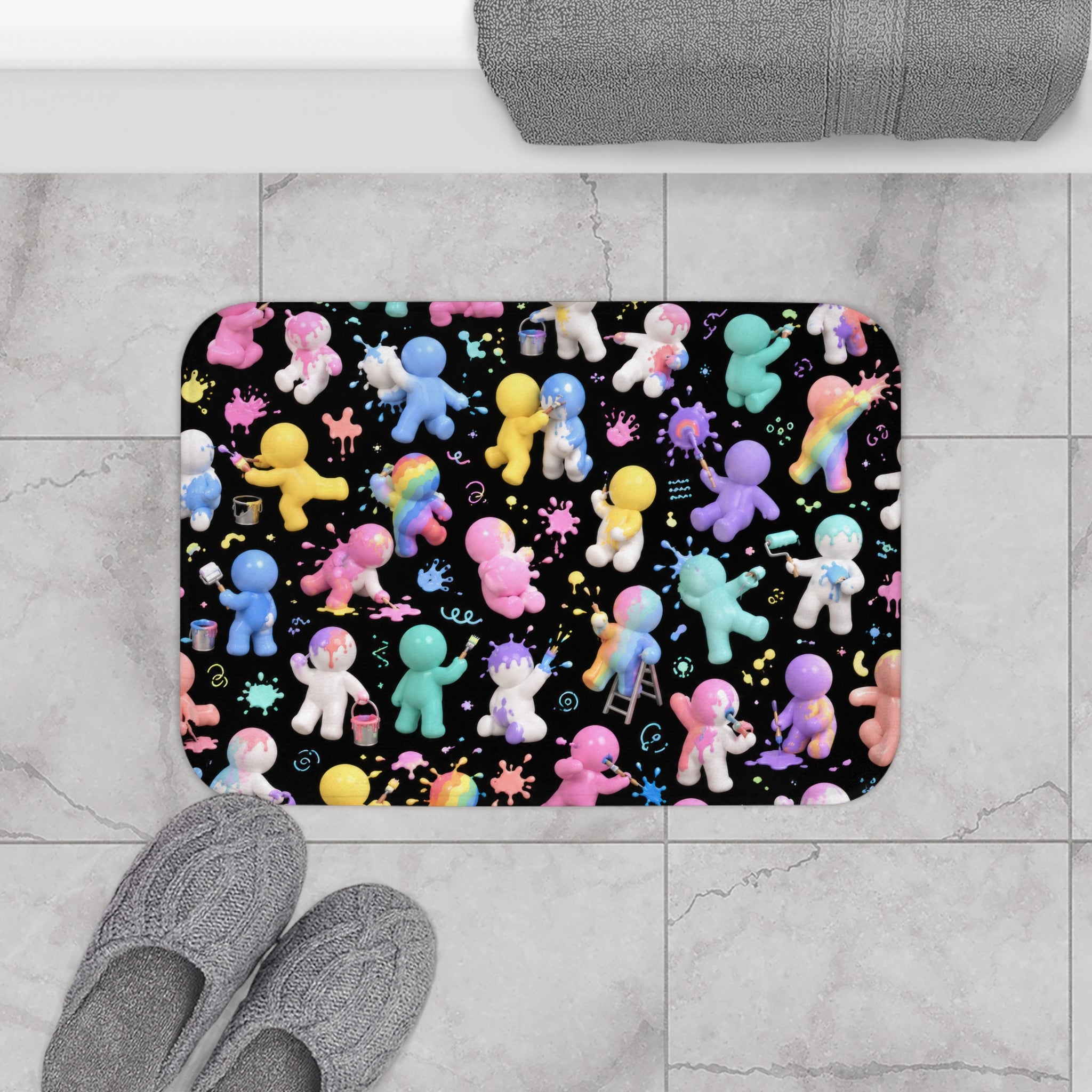 Colorful Paint-Splatter Astronaut Bath Mat – Cute Rainbow Space Crew Design