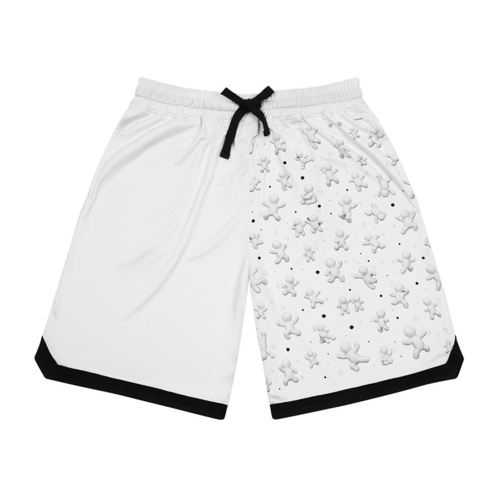 White Basketball Shorts with 3D Tiny Character Print — Athletic Ribbed Gym Shorts