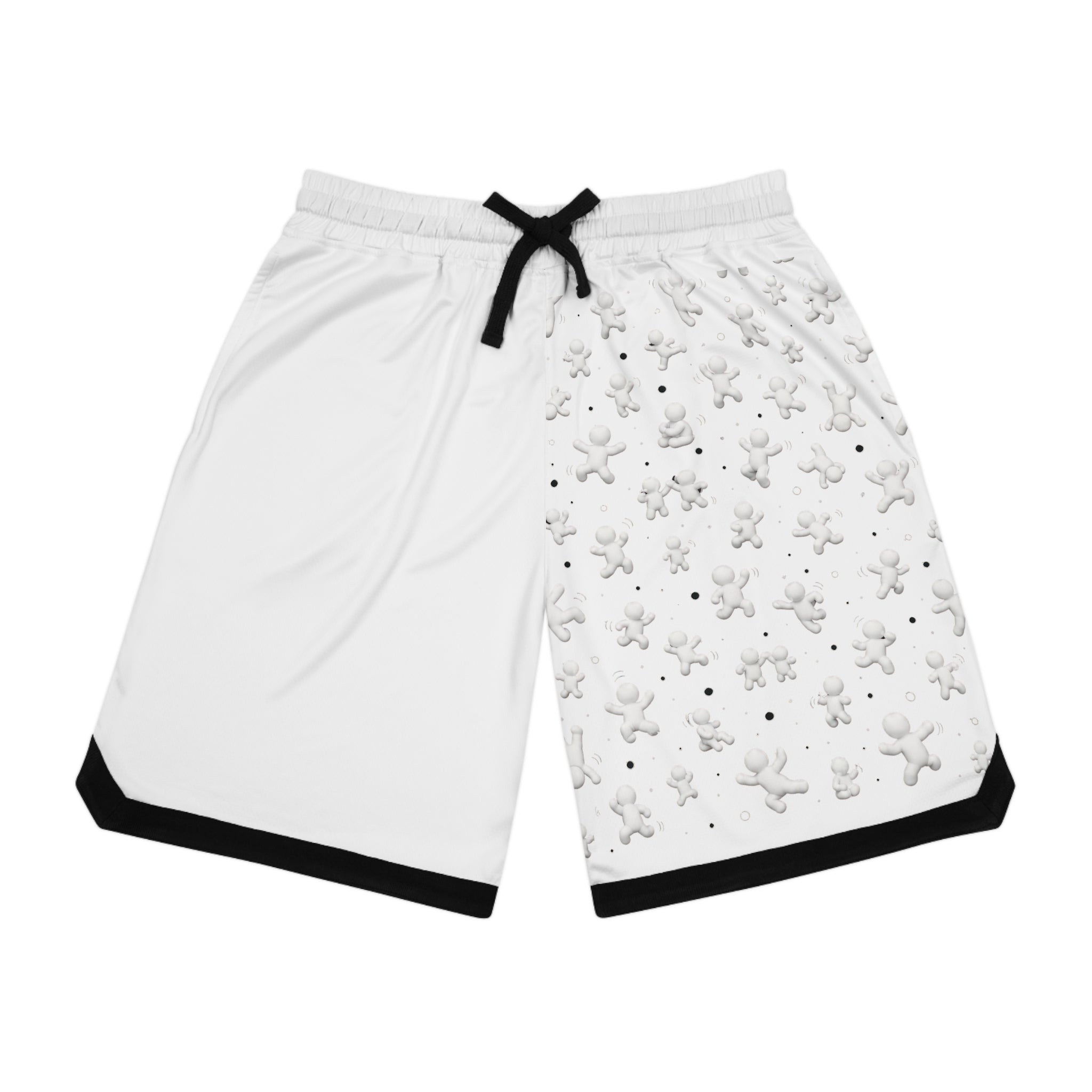 White Basketball Shorts with 3D Tiny Character Print — Athletic Ribbed Gym Shorts
