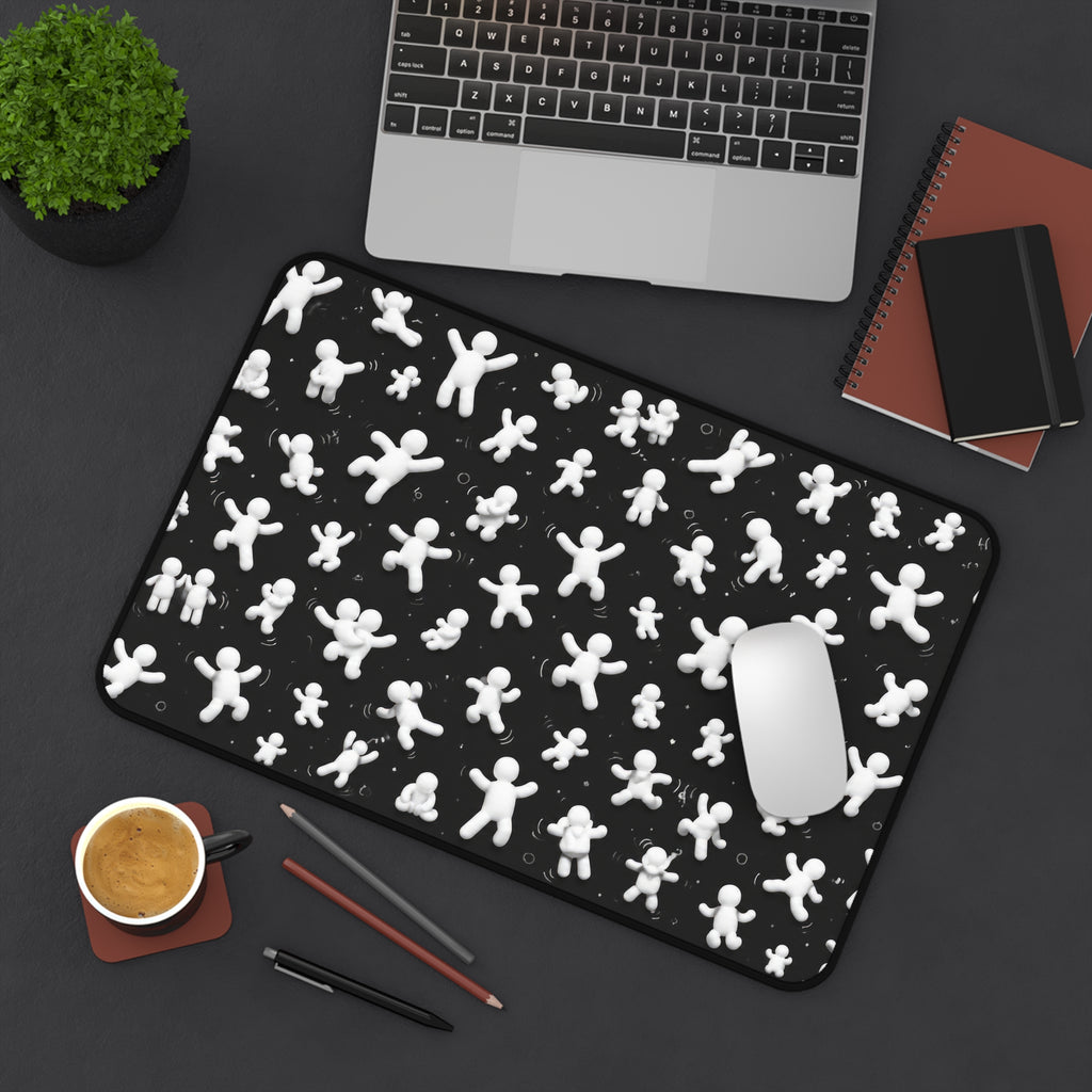 Desk Mat — Playful White Figurine Pattern on Black