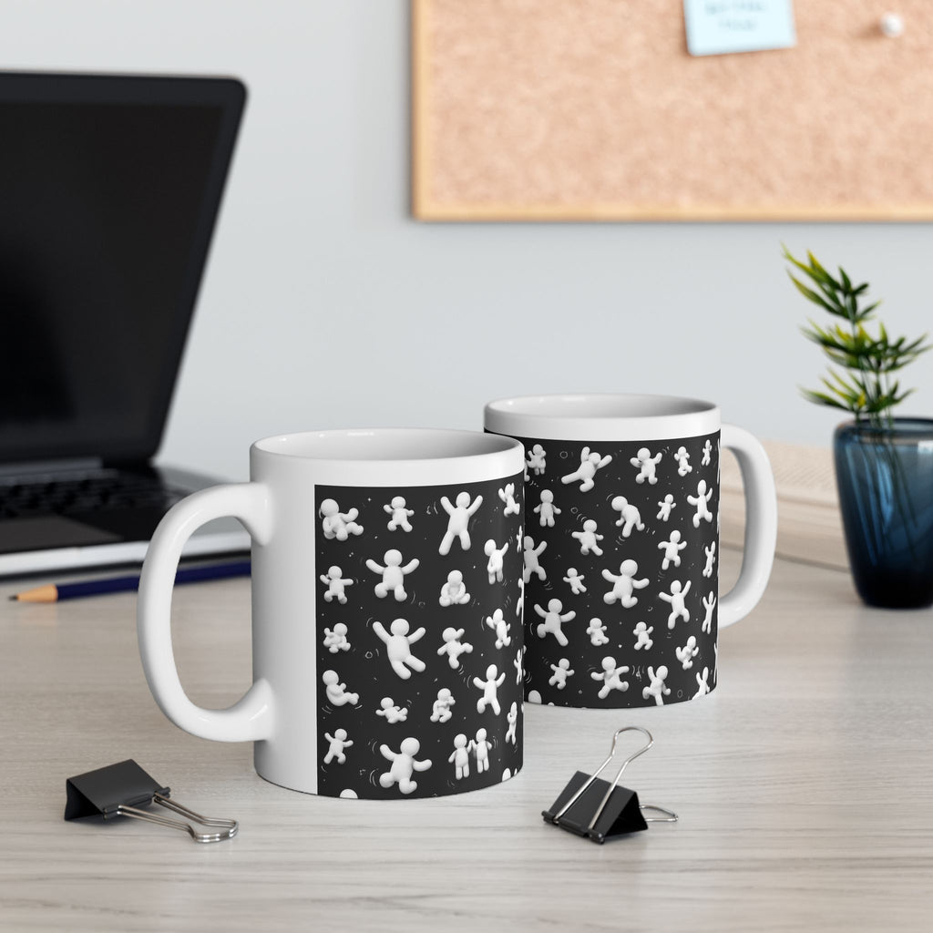 Gingerbread People Pattern Ceramic Mug (11oz/15oz) — Cute Black & White Holiday Coffee Cup
