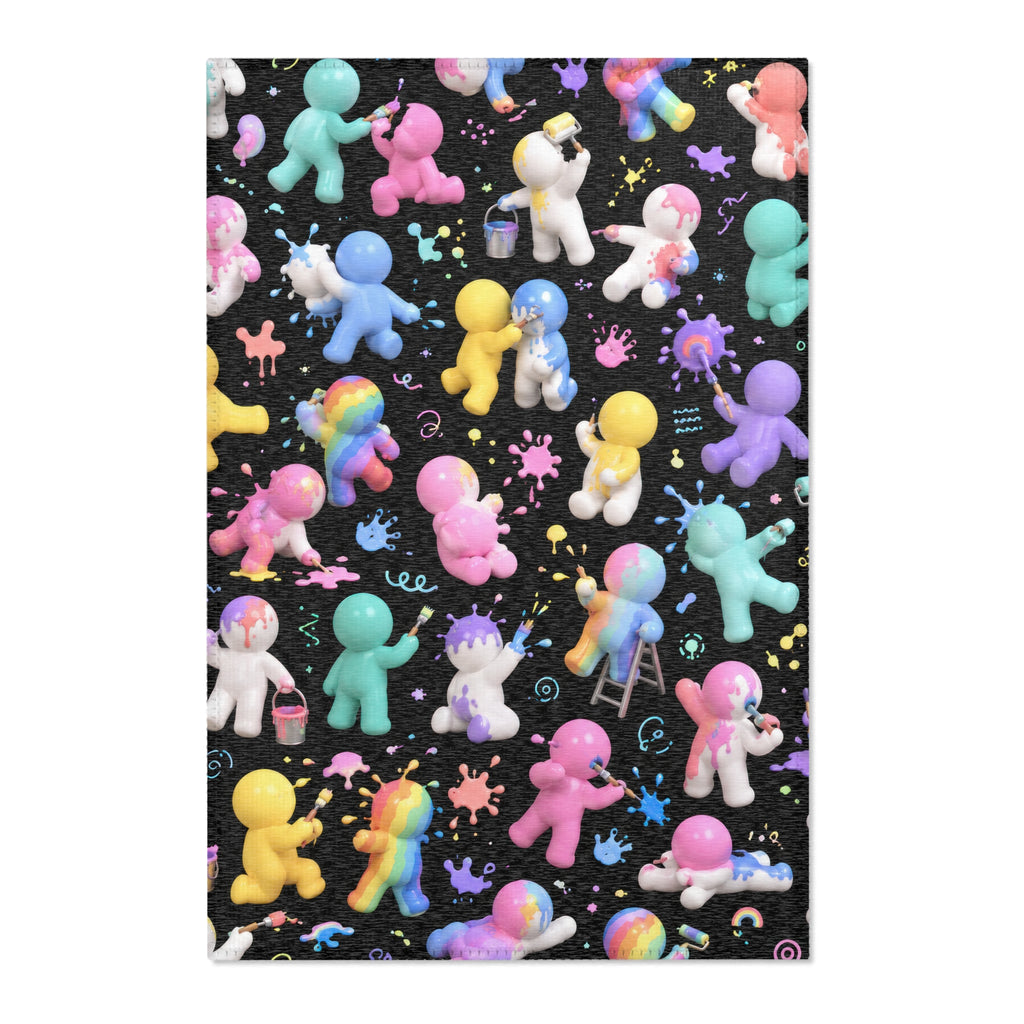 Cute Rainbow Paint Doodle Area Rug — Colorful Chibi Characters on Black