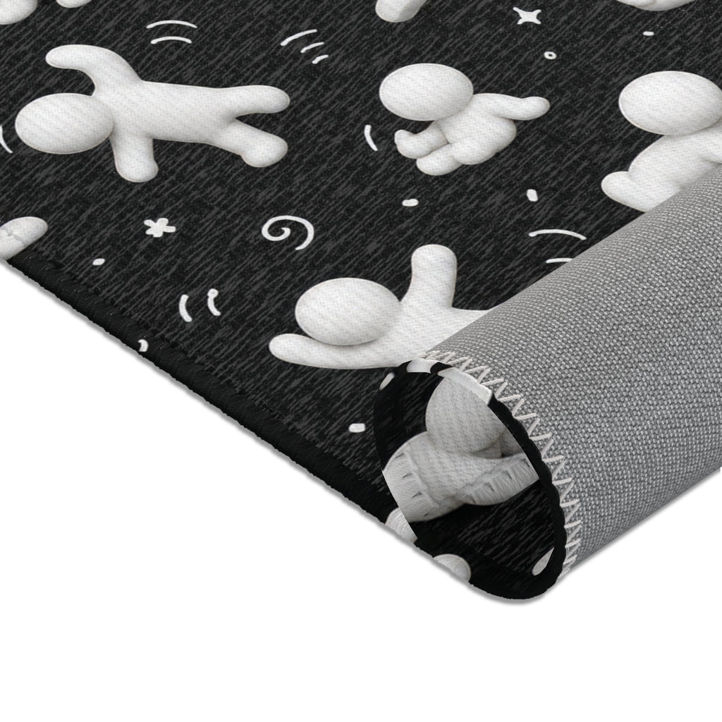 Playful Mini Figures Black Area Rug — Modern Kids’ Room Accent Mat