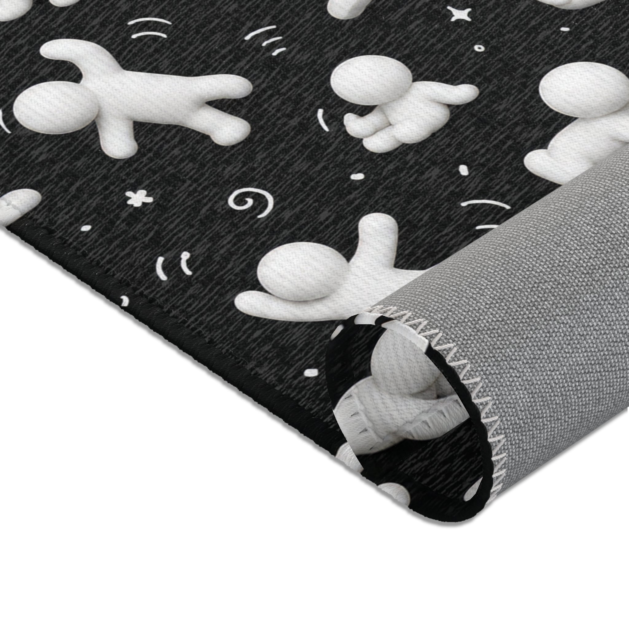 Playful Mini Figures Black Area Rug — Modern Kids’ Room Accent Mat