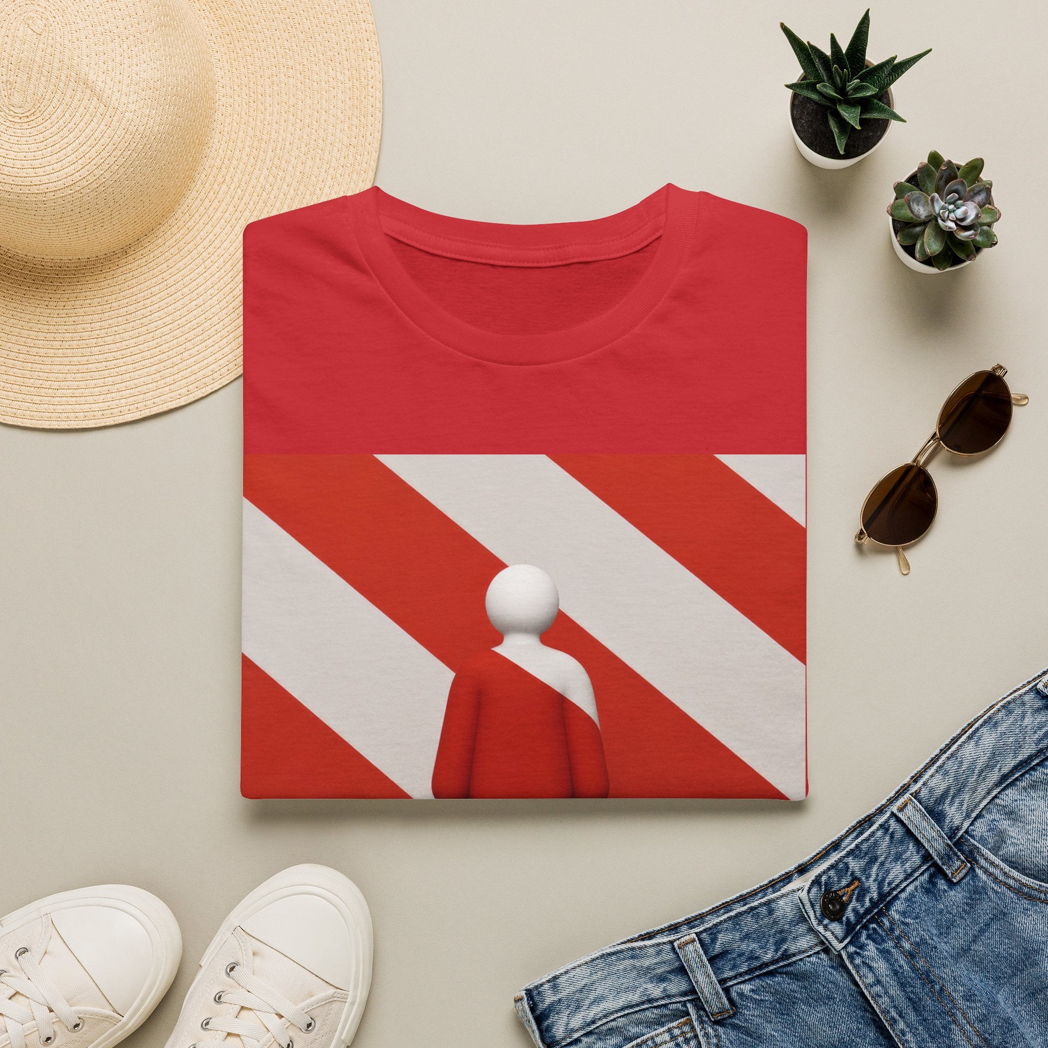 Minimalist Red Stripes T‑Shirt — Abstract Figure Graphic Tee