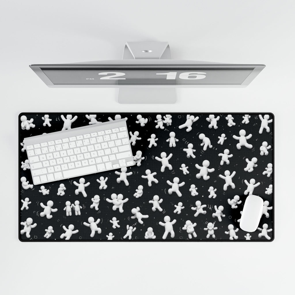 Black Desk Mat with Playful White Figurine Pattern — Large Gaming/Office Mousepad