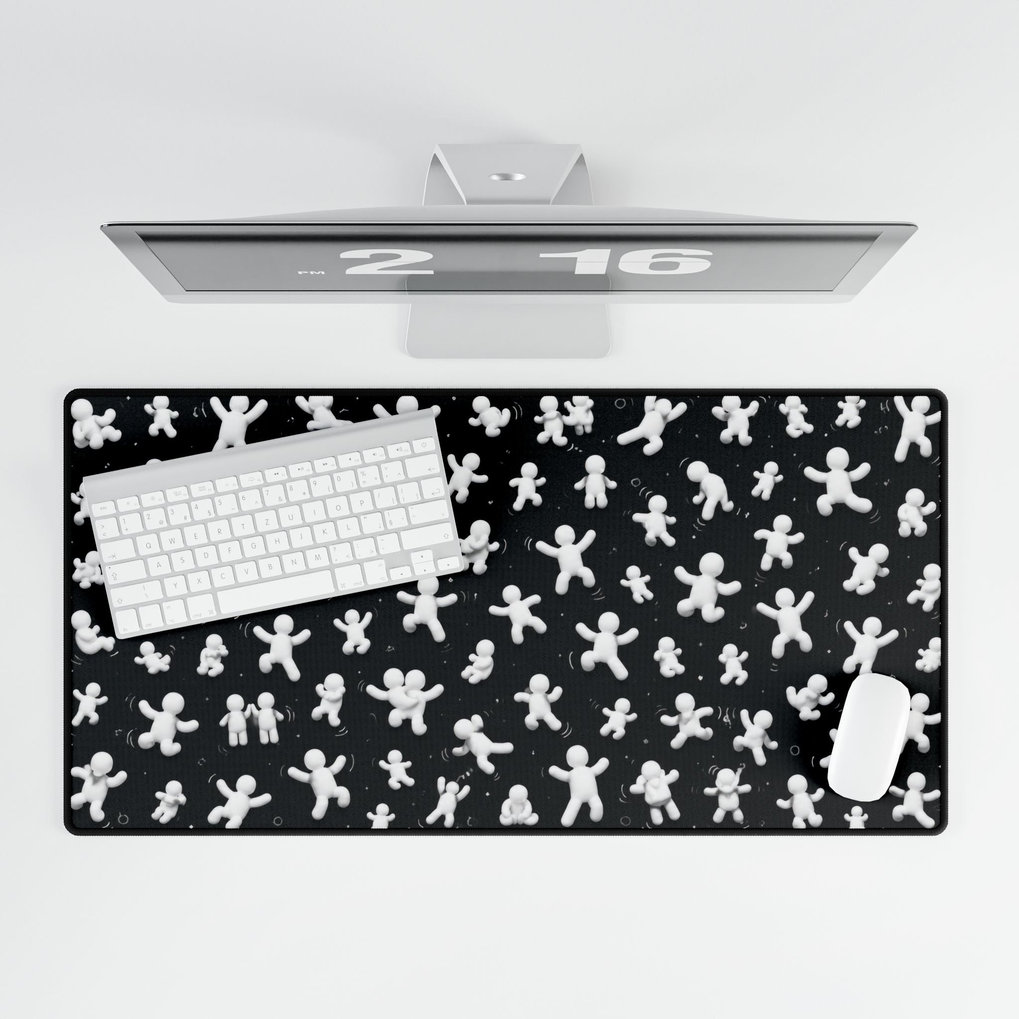 Black Desk Mat with Playful White Figurine Pattern — Large Gaming/Office Mousepad