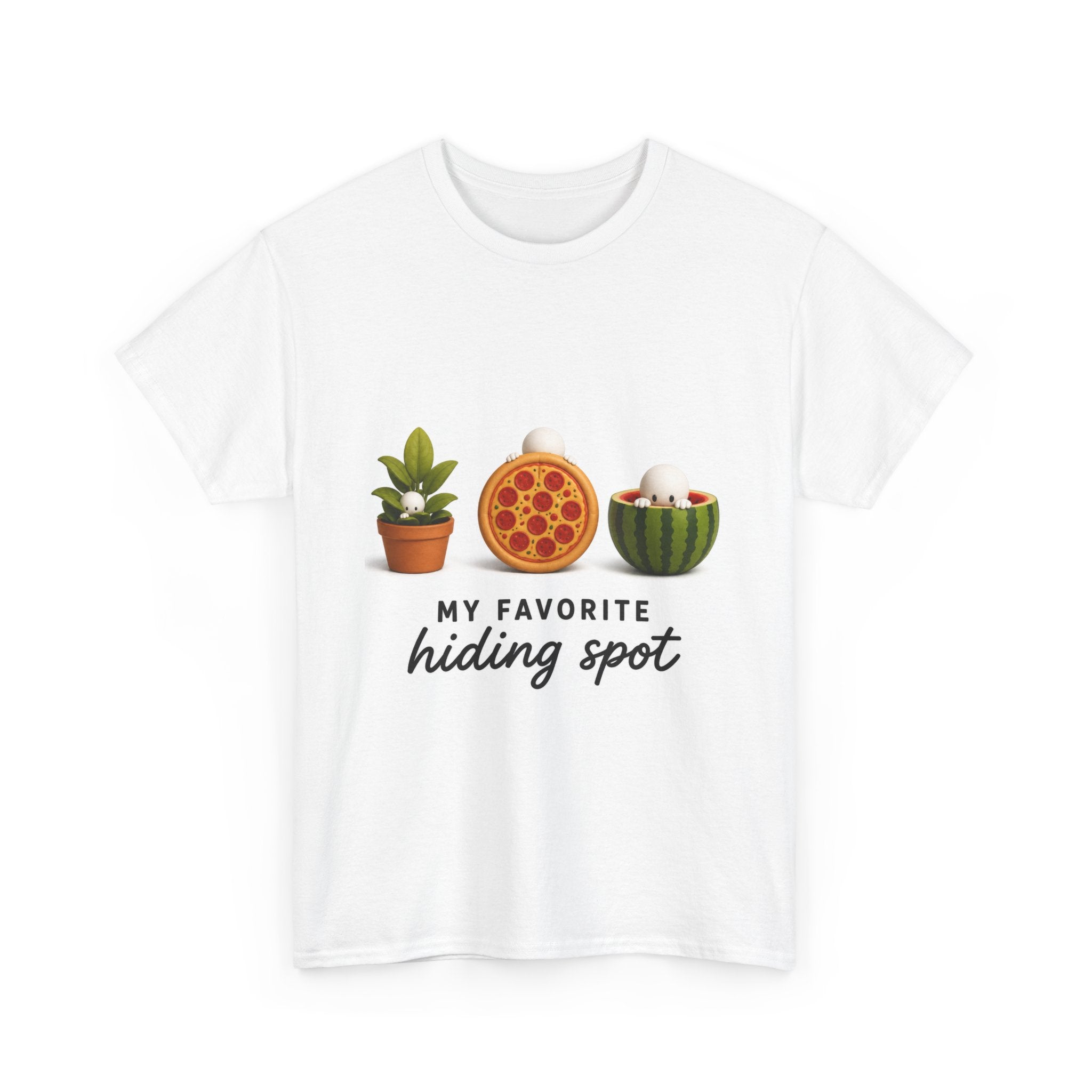 T-Shirt — “My Favorite Hiding Spot” Cute Pizza, Plants & Cat Graphic Tee