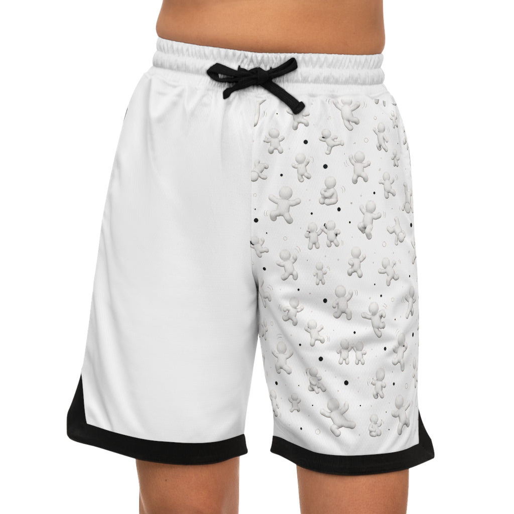 White Basketball Shorts with 3D Tiny Character Print — Athletic Ribbed Gym Shorts